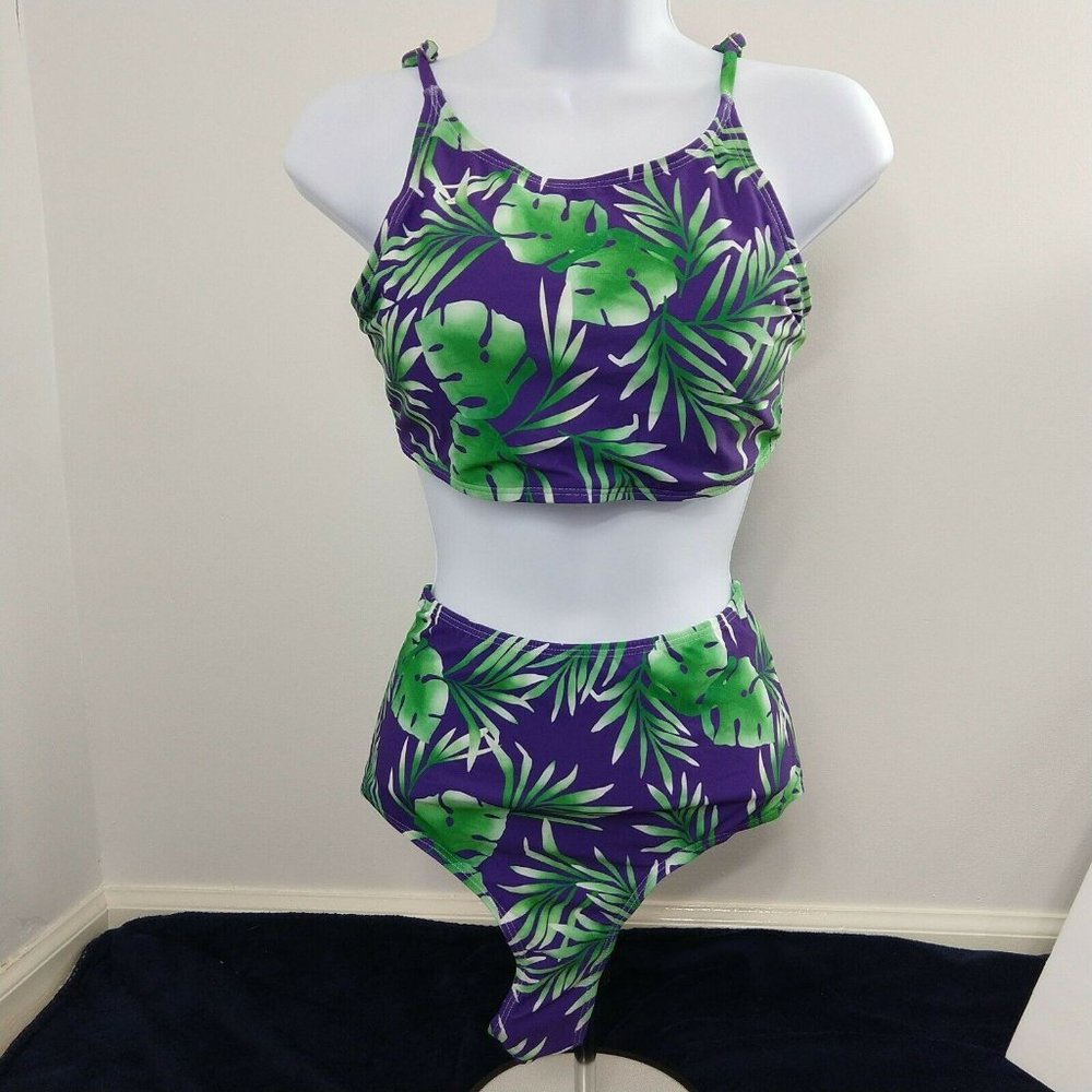 Purple Green Leaf Halter Top Swimsuit High-waist Large